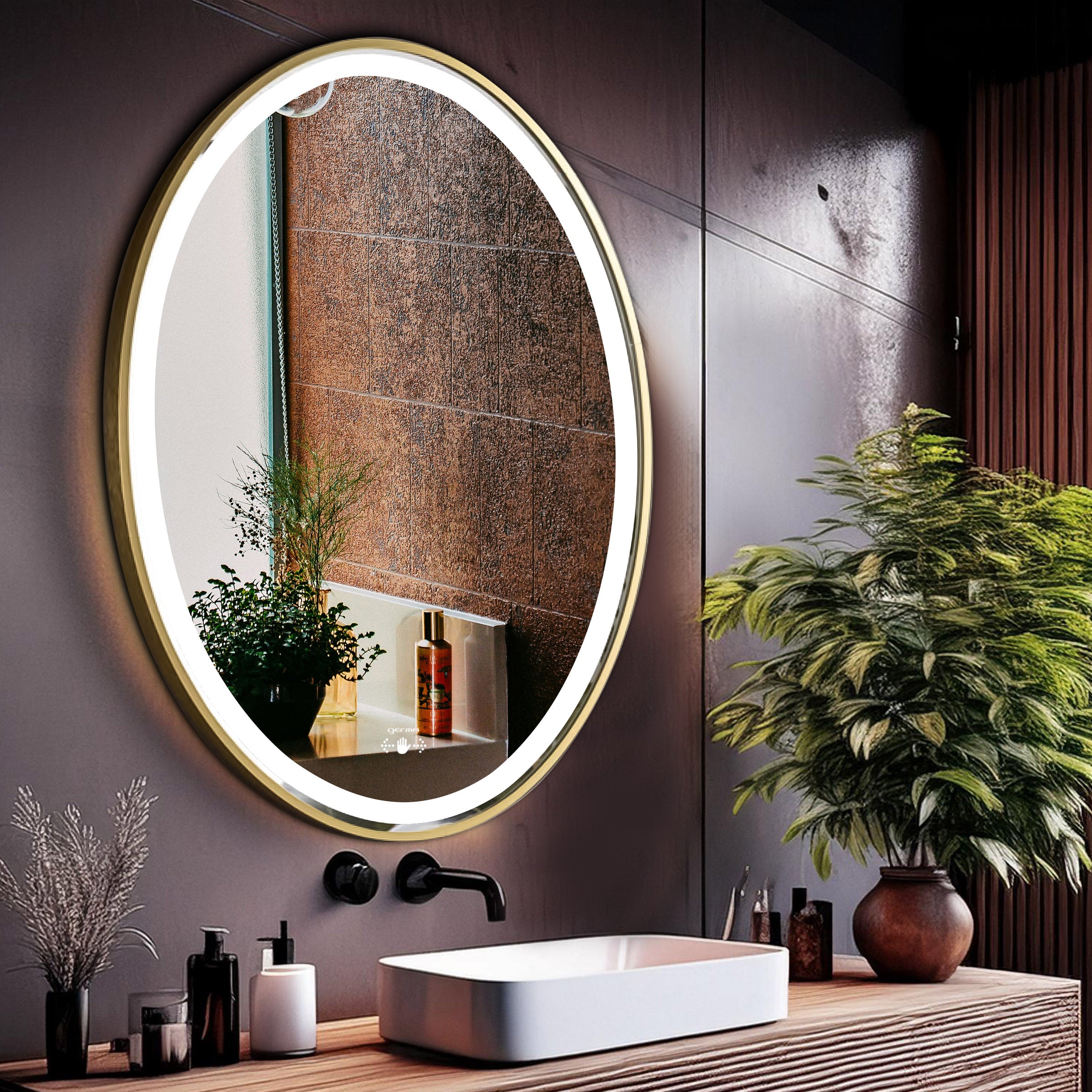 Led Mirror with Aluminum Gold Frame - TR LED 144 Gold Smart Wave Switch (70x50cm) Oval Shape