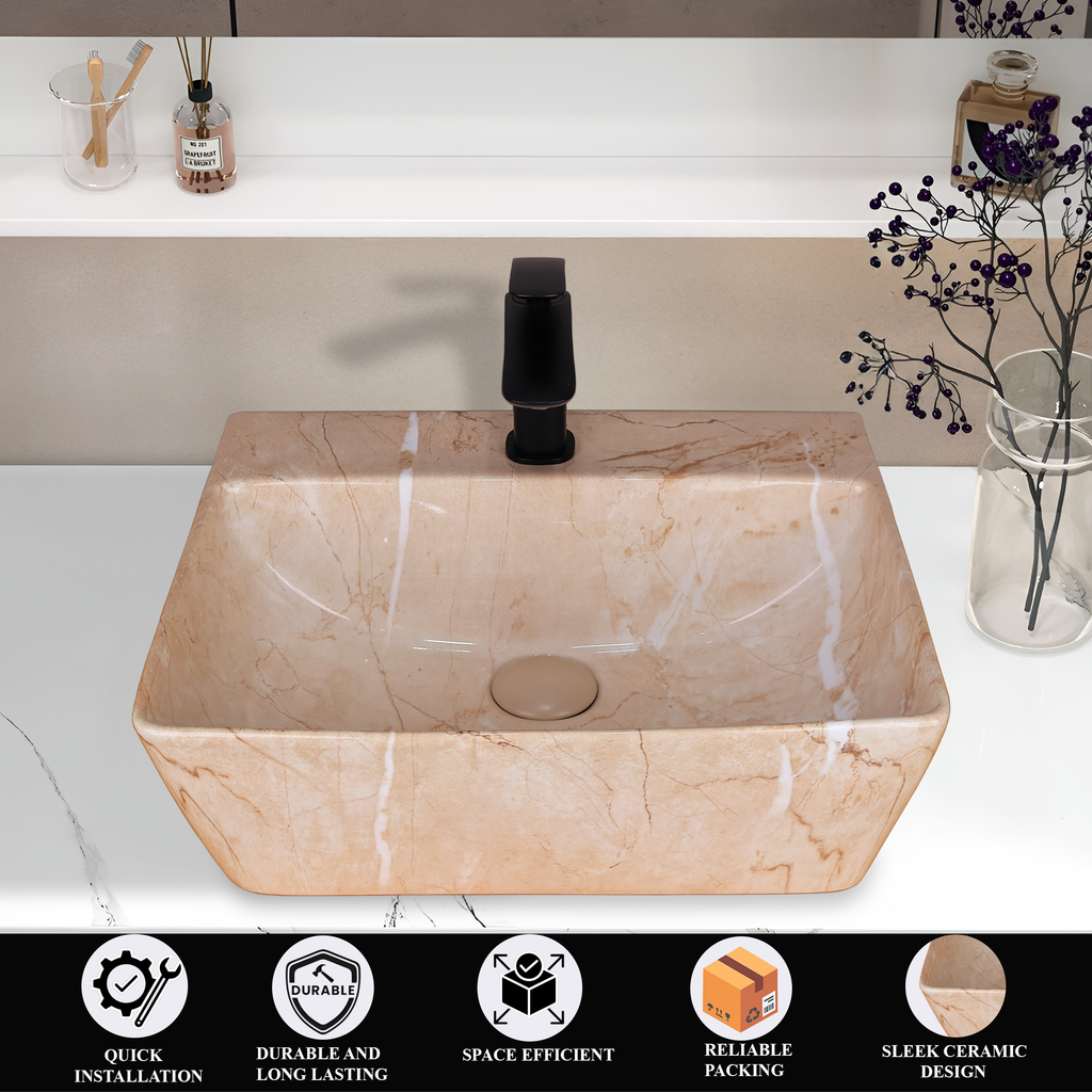 Germa Designer Wash Basin For Bathroom | Ceramic Table Top Wash Basin | Counter Top Wash Basin For Restaurants, Home Living Room |46x36x16cm| Rectangle Shape