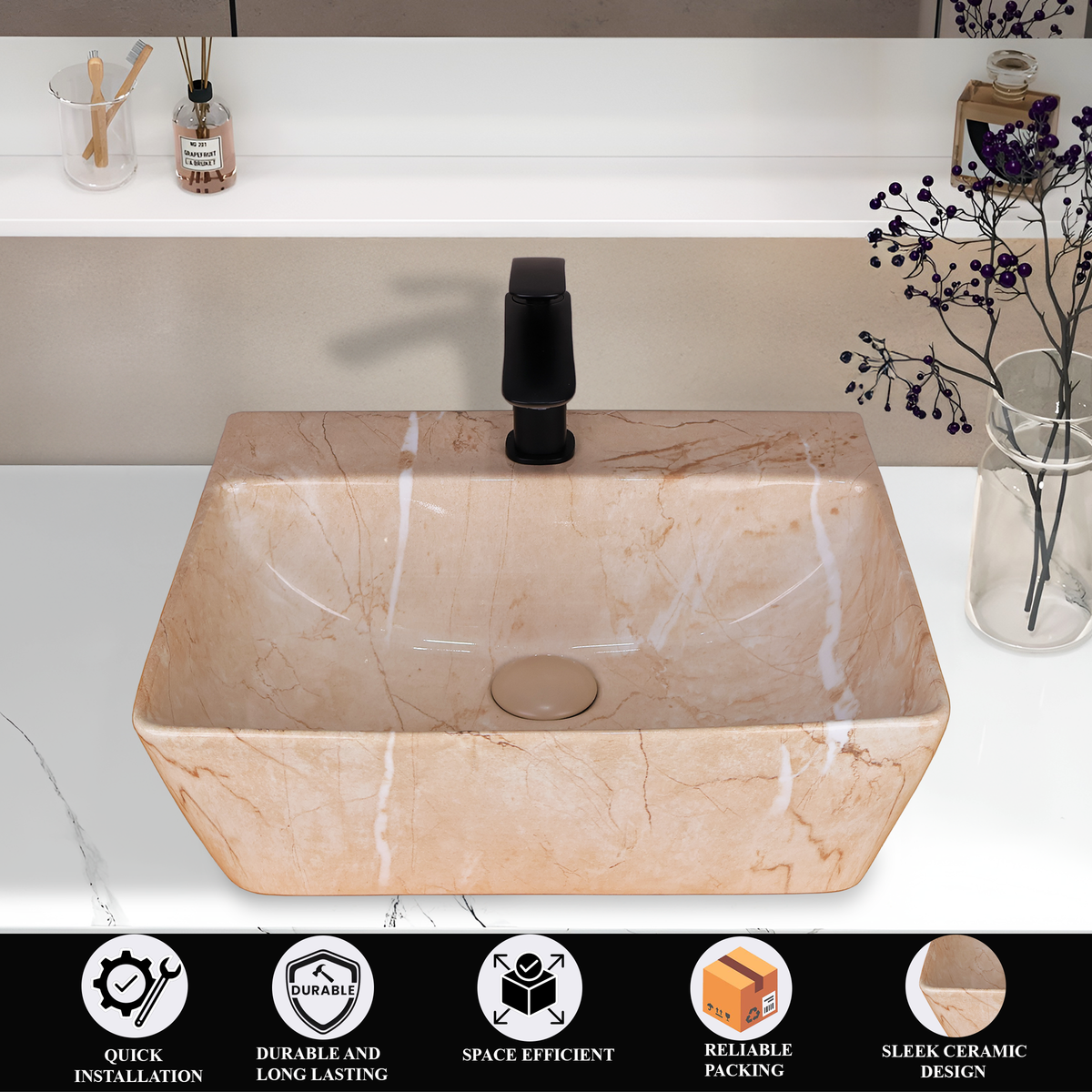 Germa Designer Wash Basin For Bathroom | Ceramic Table Top Wash Basin | Counter Top Wash Basin For Restaurants, Home Living Room |46x36x16cm| Rectangle Shape