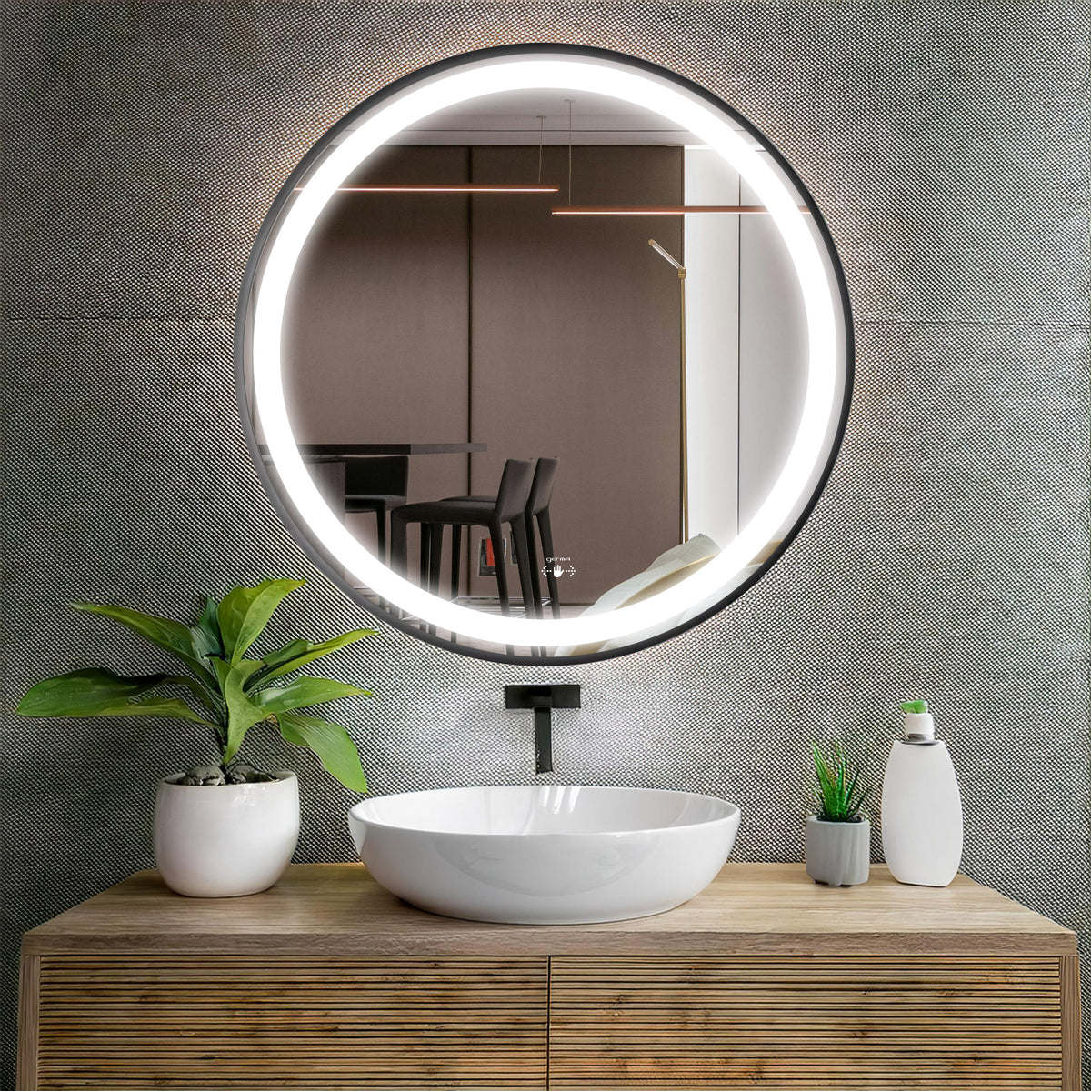 Led Mirror with Aluminum Black Frame - TR LED 141 Black Wave Sensor Smart Wave Switch (60x60cm) Round Shape
