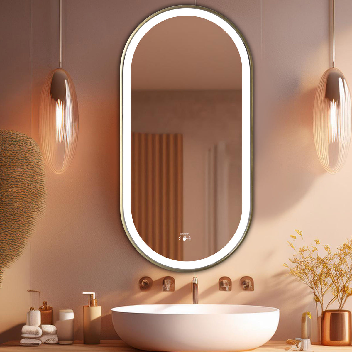 Aluminum Frame Led Mirror 3Light Dimmer with Wave Sensor - Capsule Shape 90cm x 45cm - TR LED 148