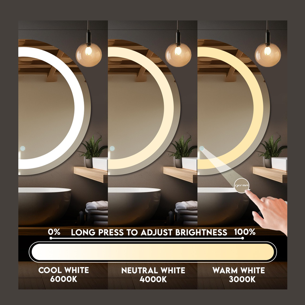 Germa LED Mirror for Bathroom with 3Lights Color Tone and Touch Sensor/Designer Mirror for Dressing,Living & Bed Room/Dimmable and Memory Function Wall Mirror–Round Shape (24x24Inch) - TR LED 7551