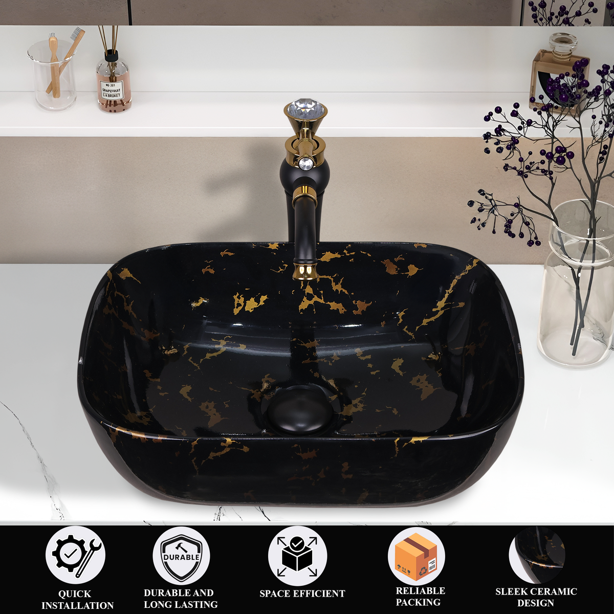 Germa Designer Wash Basin For Bathroom |Ceramic Table Top Wash Basin| Counter Top Basin For Restaurants,Living Room |45.5x32x14cm|Rectangle Shape