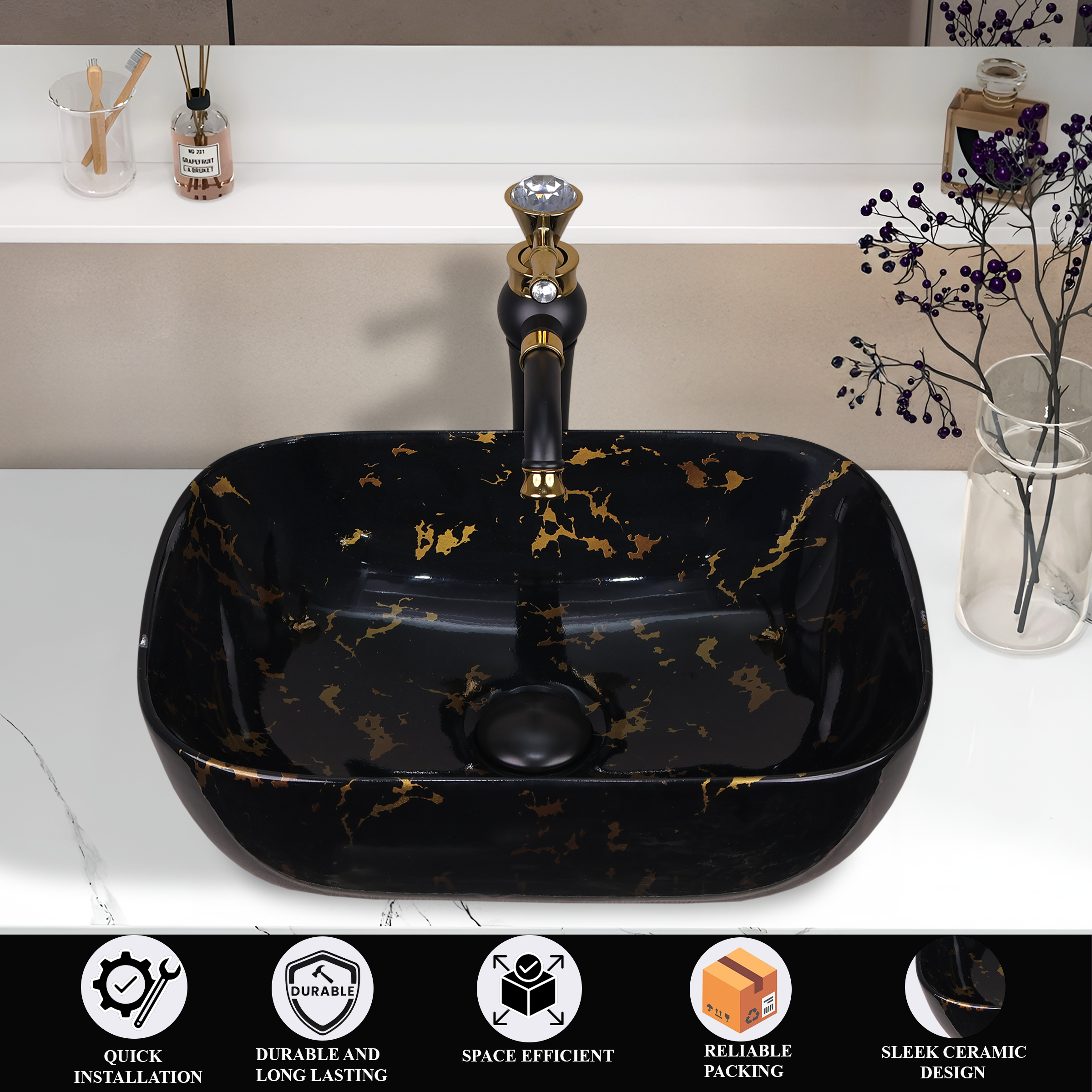 Germa Designer Wash Basin For Bathroom |Ceramic Table Top Wash Basin| Counter Top Basin For Restaurants,Living Room |45.5x32x14cm|Rectangle Shape