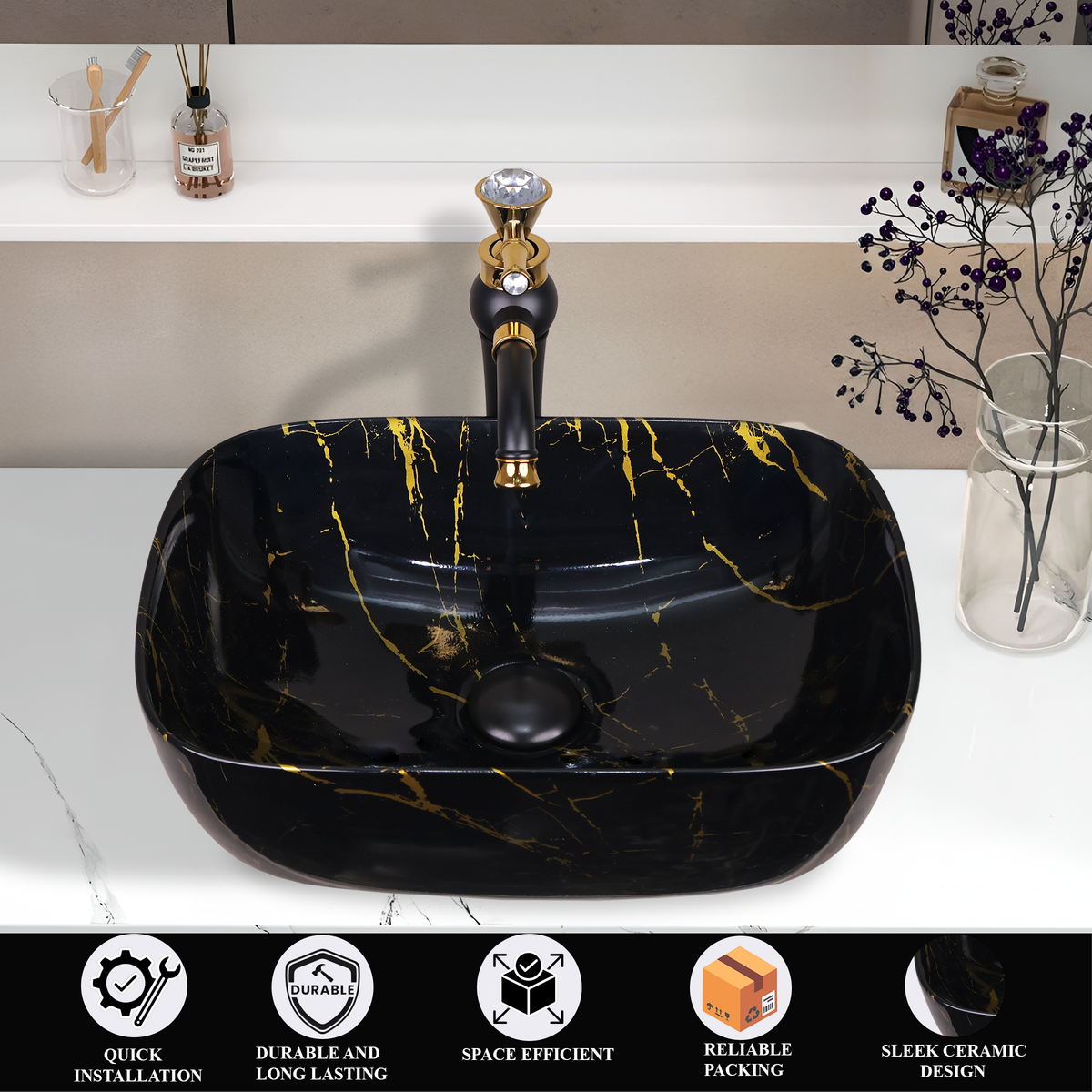 Germa Designer Wash Basin For Bathroom |Ceramic Table Top Wash Basin| Counter Top Basin For Restaurants,Living Room |45.5x32x14cm|Rectangle Shape