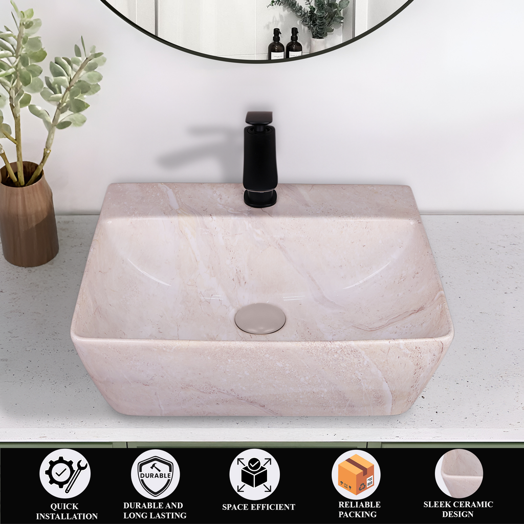Germa Designer Wash Basin For Bathroom | Ceramic Table Top Wash Basin | Counter Top Wash Basin For Restaurants, Home Living Room |46x36x16cm| Rectangle Shape