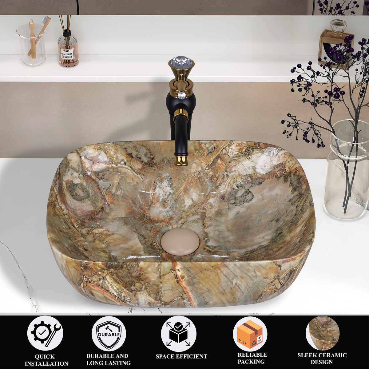 Germa Designer Wash Basin For Bathroom |Ceramic Table Top Wash Basin| Counter Top Basin For Restaurants,Living Room |45.5x32x14cm|Rectangle Shape