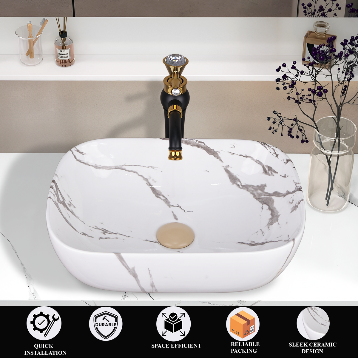 Germa Designer Wash Basin For Bathroom |Ceramic Table Top Wash Basin| Counter Top Basin For Restaurants,Living Room |45.5x32x14cm|Rectangle Shape