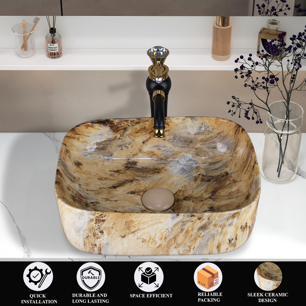 Designer Wash Basin For Bathroom | Ceramic Table Top Wash Basin | Counter Top Wash Basin For Restaurants, Home Living Room |41x31x14cm| Rectangle Shape