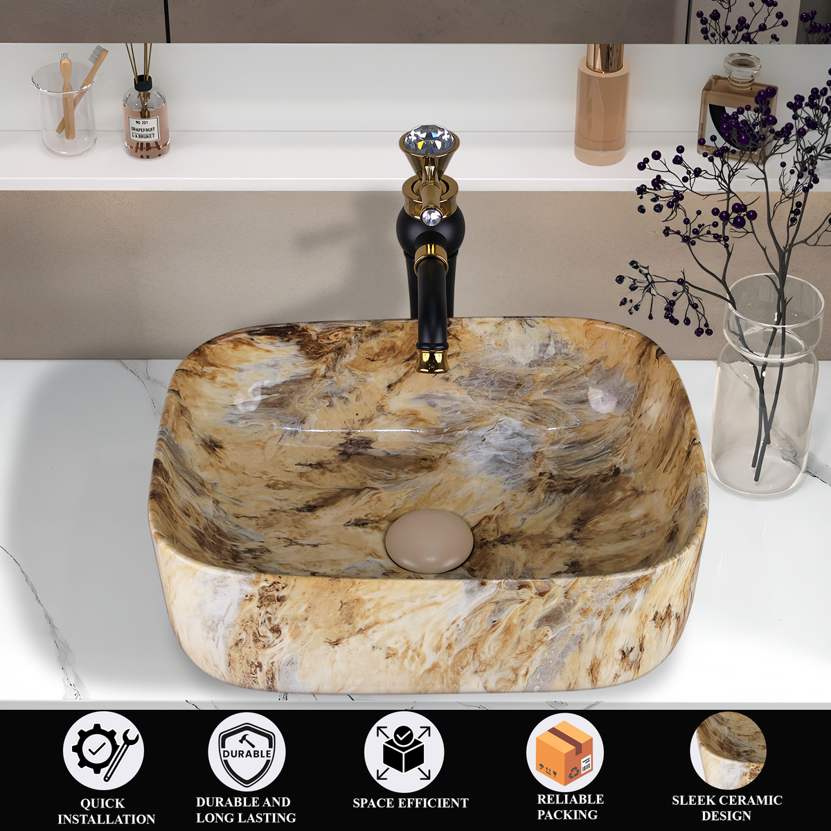 Designer Wash Basin For Bathroom | Ceramic Table Top Wash Basin | Counter Top Wash Basin For Restaurants, Home Living Room |41x31x14cm| Rectangle Shape