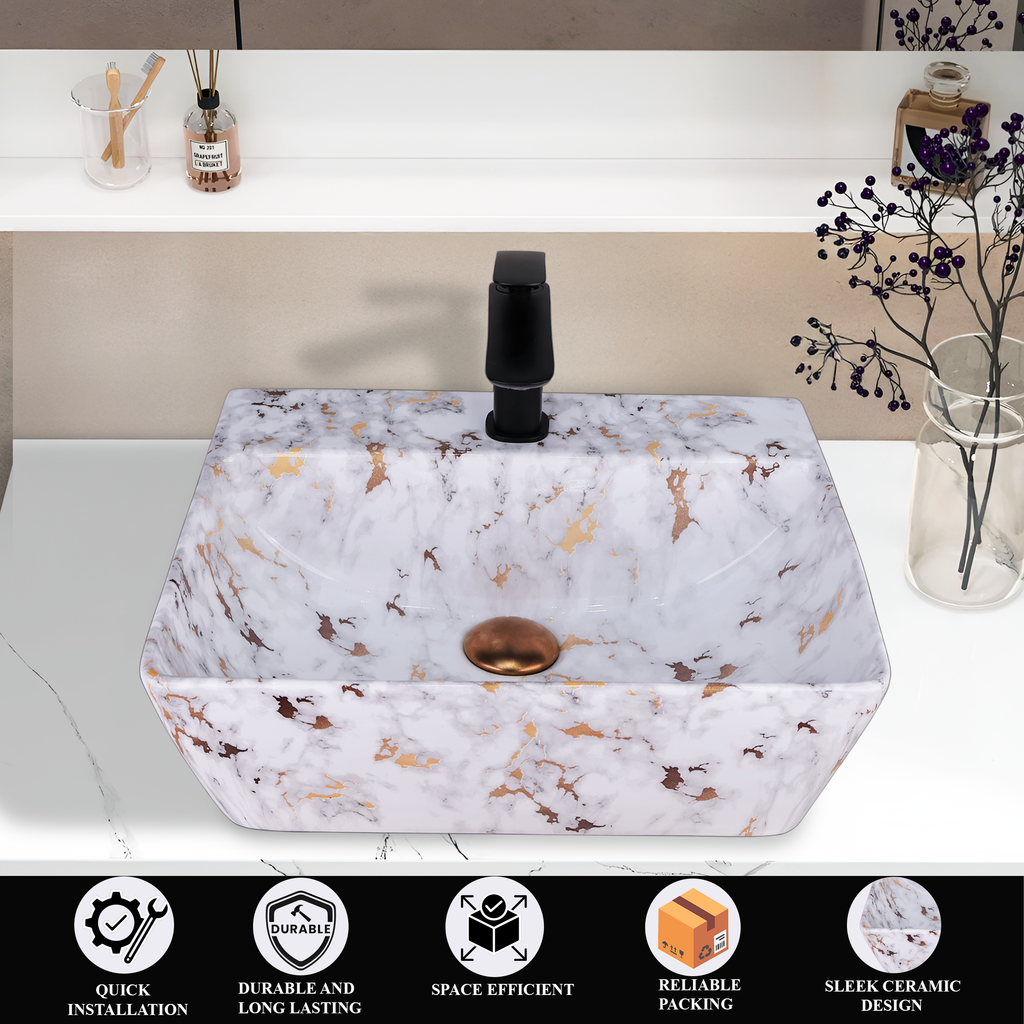 Germa Designer Wash Basin For Bathroom | Ceramic Table Top Wash Basin | Counter Top Wash Basin For Restaurants, Home Living Room |46x36x16cm| Rectangle Shape