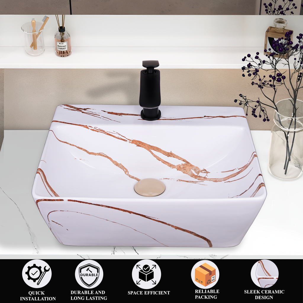 Germa Designer Wash Basin For Bathroom | Ceramic Table Top Wash Basin | Counter Top Wash Basin For Restaurants, Home Living Room |46x36x16cm| Rectangle Shape