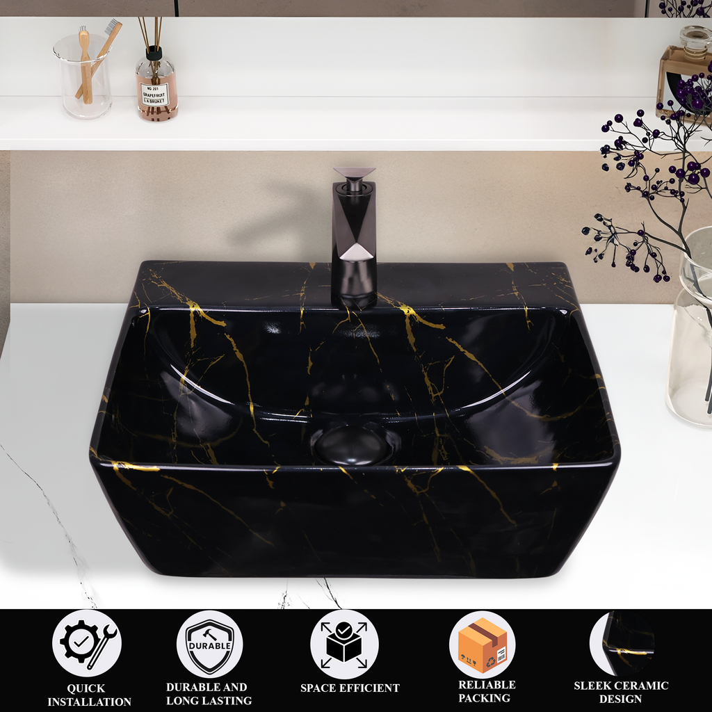 Germa Designer Wash Basin For Bathroom | Ceramic Table Top Wash Basin | Counter Top Wash Basin For Restaurants, Home Living Room |46x36x16cm| Rectangle Shape
