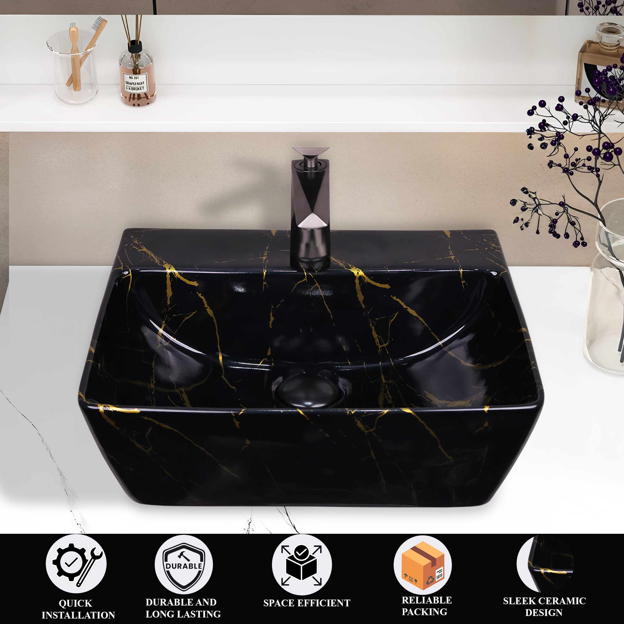 Germa Designer Wash Basin For Bathroom | Ceramic Table Top Wash Basin | Counter Top Wash Basin For Restaurants, Home Living Room |46x36x16cm| Rectangle Shape