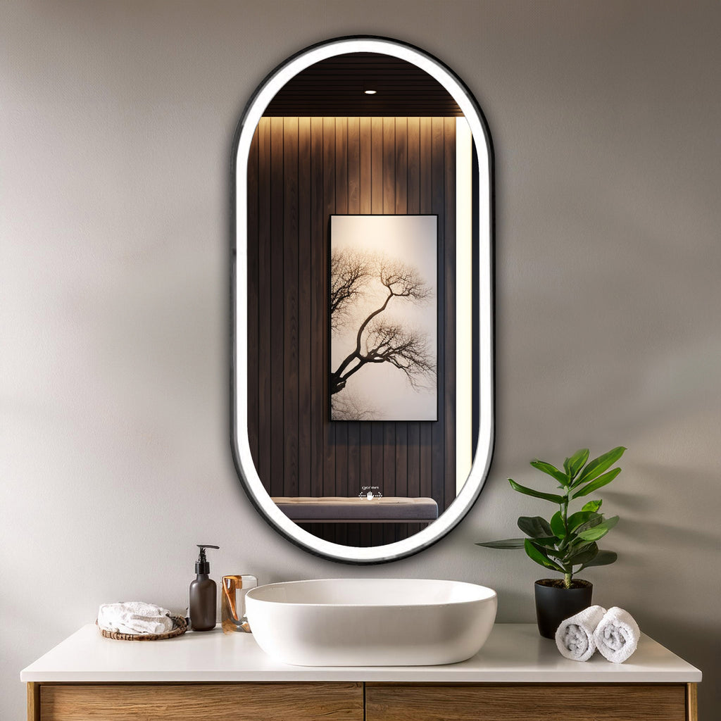 Aluminum Frame Led Mirror 3Light Dimmer with Wave Sensor - Capsule Shape 90cm x 45cm - TR LED 148