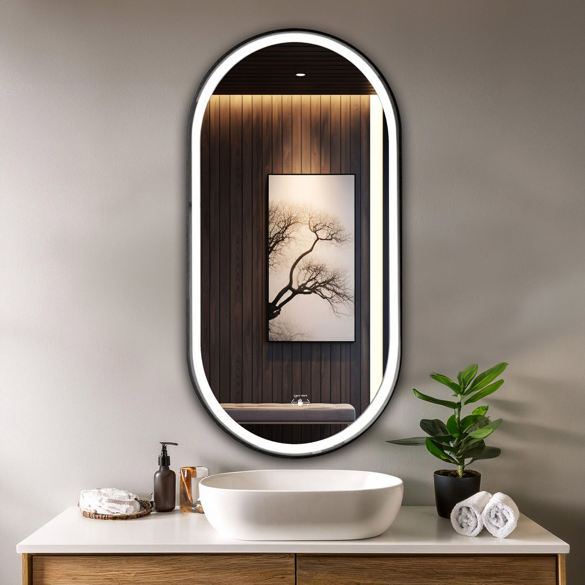Aluminum Frame Led Mirror 3Light Dimmer with Wave Sensor - Capsule Shape 90cm x 45cm - TR LED 148