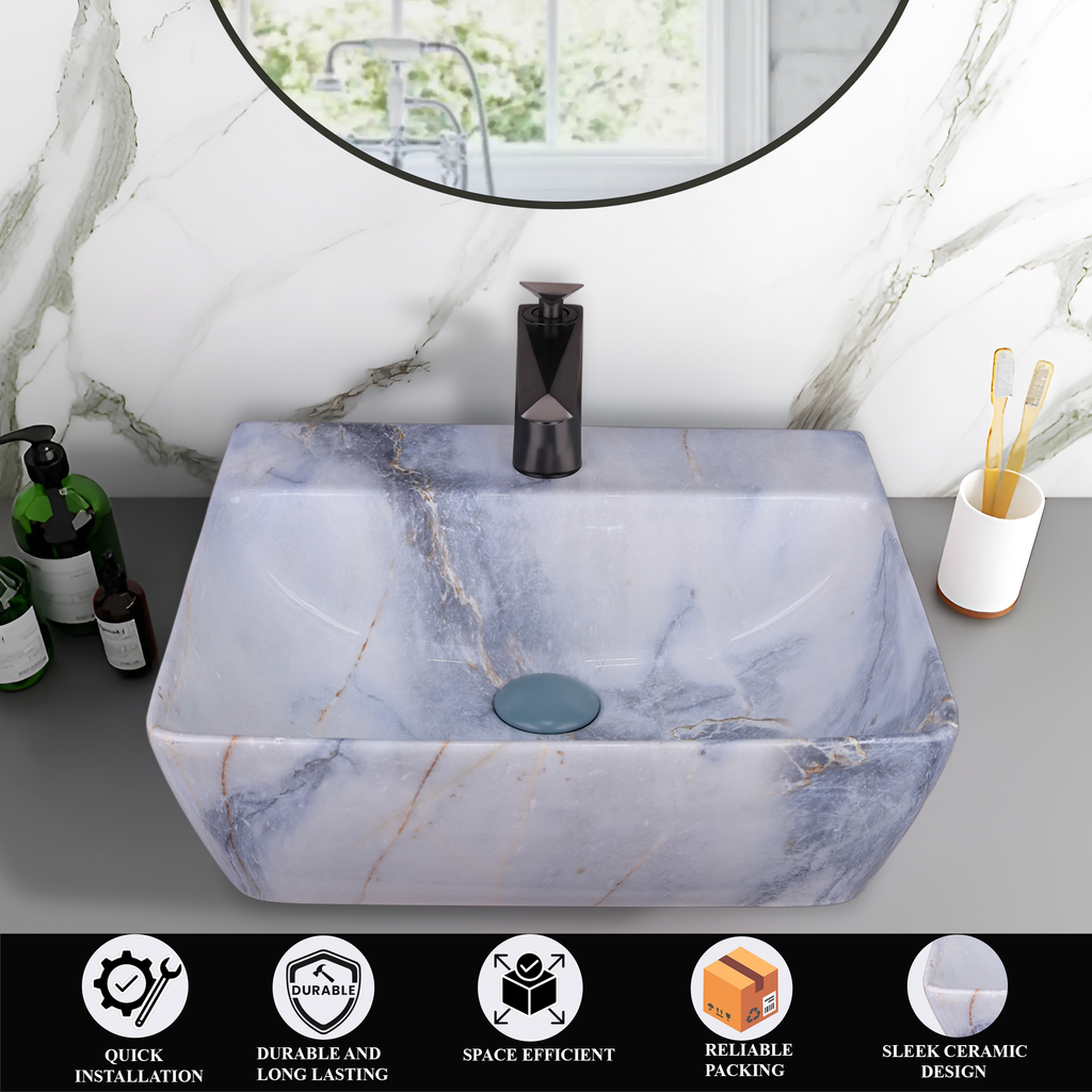 Germa Designer Wash Basin For Bathroom | Ceramic Table Top Wash Basin | Counter Top Wash Basin For Restaurants, Home Living Room |46x36x16cm| Rectangle Shape