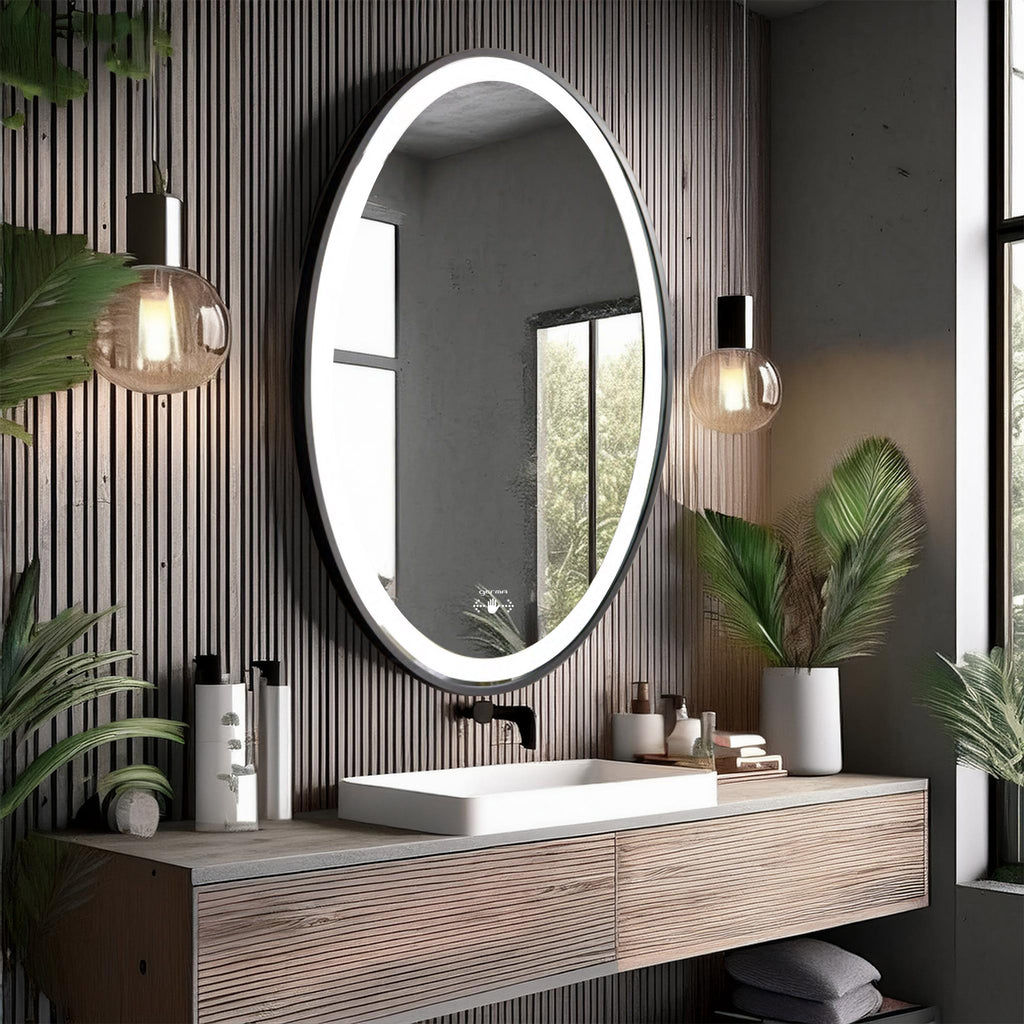 Led Mirror with Aluminum Black Frame - TR LED 144 Black Wave Sensor Smart Wave Switch (70x50cm) Oval Shape
