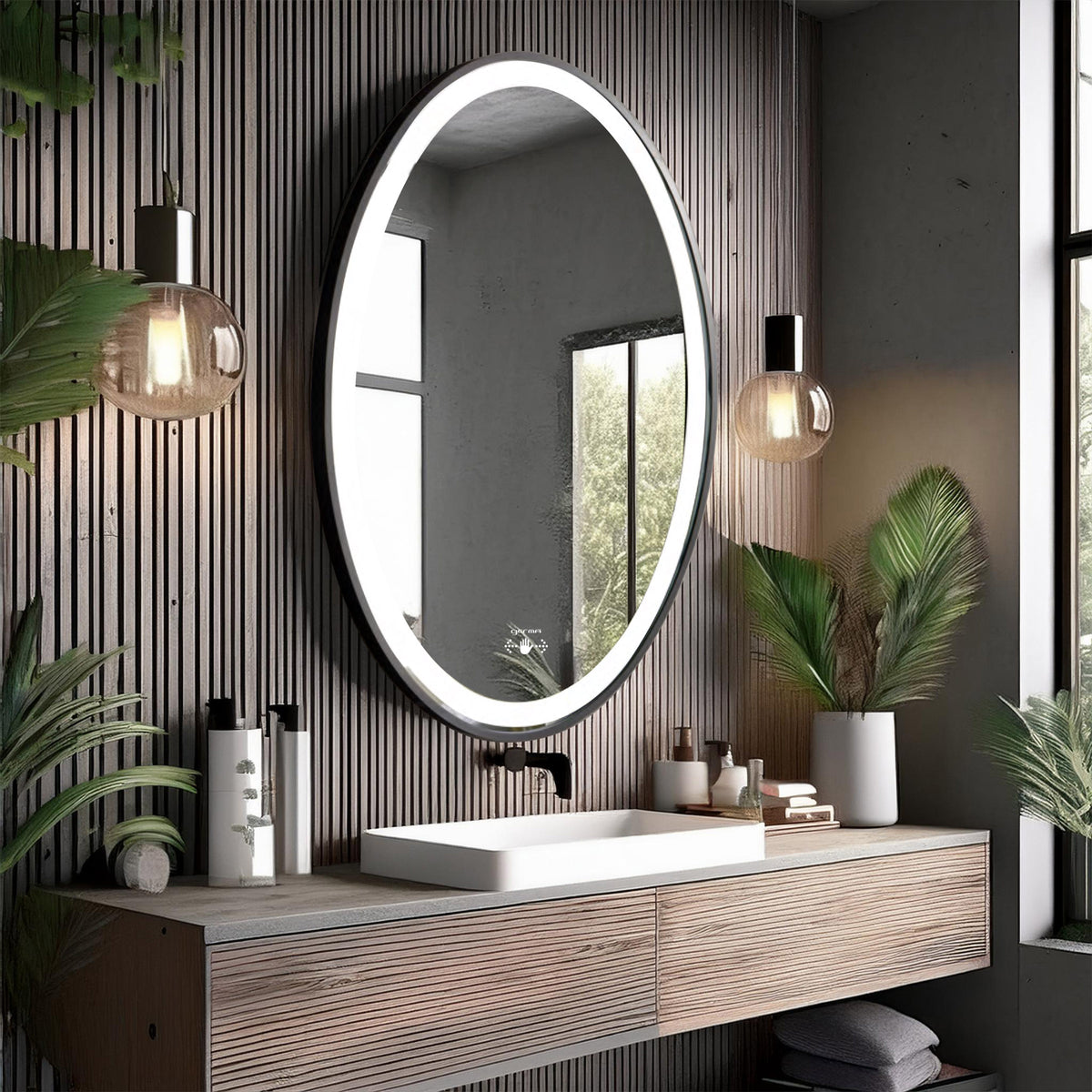 Led Mirror with Aluminum Black Frame - TR LED 144 Black Wave Sensor Smart Wave Switch (70x50cm) Oval Shape