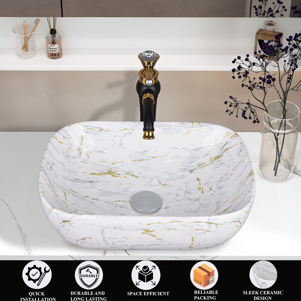 Germa Designer Wash Basin For Bathroom |Ceramic Table Top Wash Basin| Counter Top Basin For Restaurants,Living Room |45.5x32x14cm|Rectangle Shape