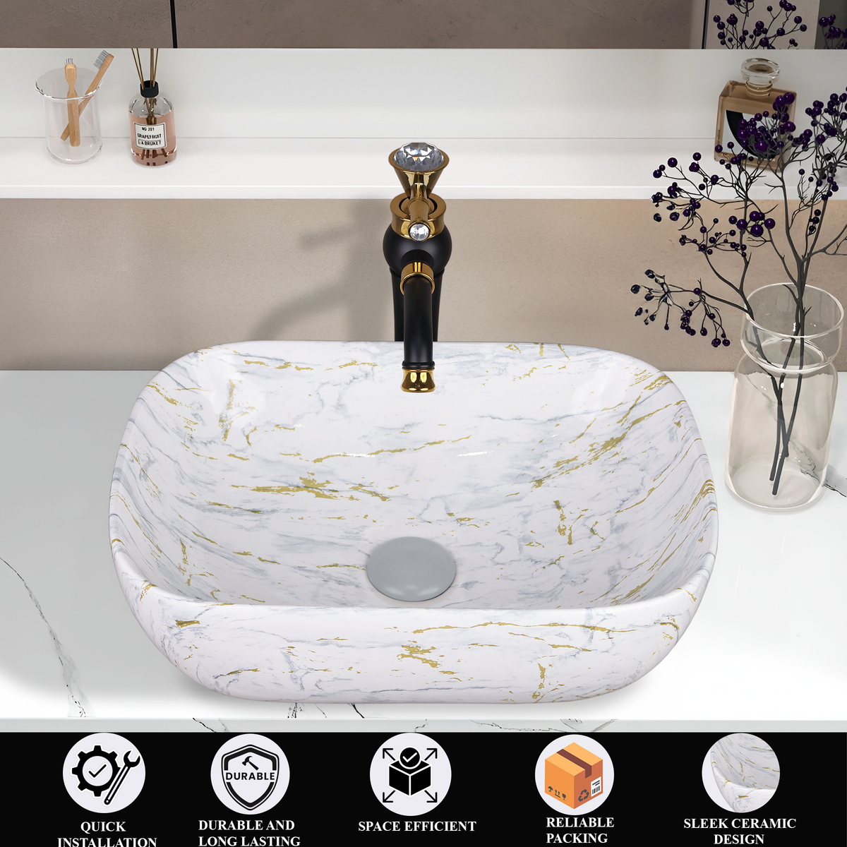 Germa Designer Wash Basin For Bathroom |Ceramic Table Top Wash Basin| Counter Top Basin For Restaurants,Living Room |45.5x32x14cm|Rectangle Shape