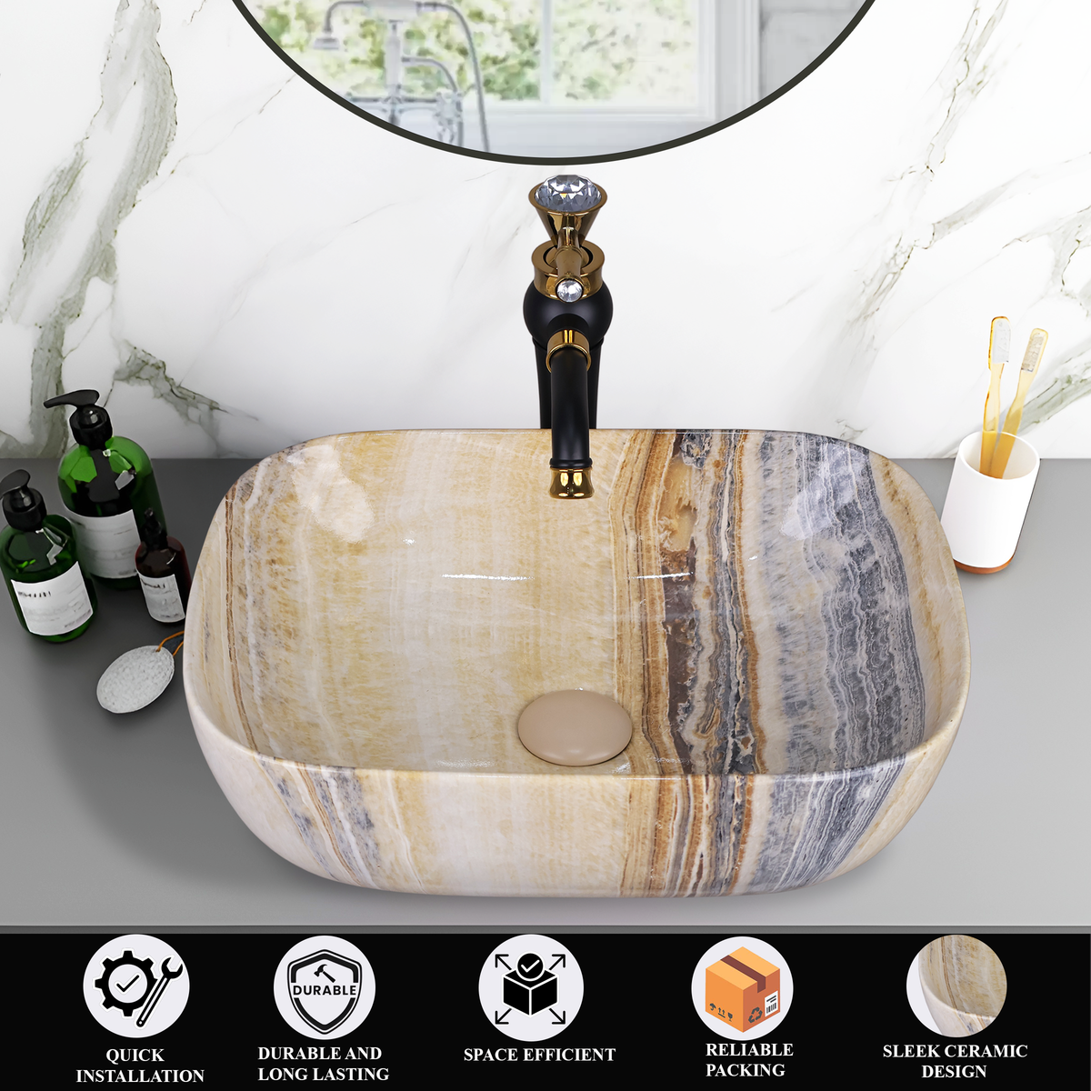 Germa Designer Wash Basin For Bathroom |Ceramic Table Top Wash Basin| Counter Top Basin For Restaurants,Living Room |45.5x32x14cm|Rectangle Shape