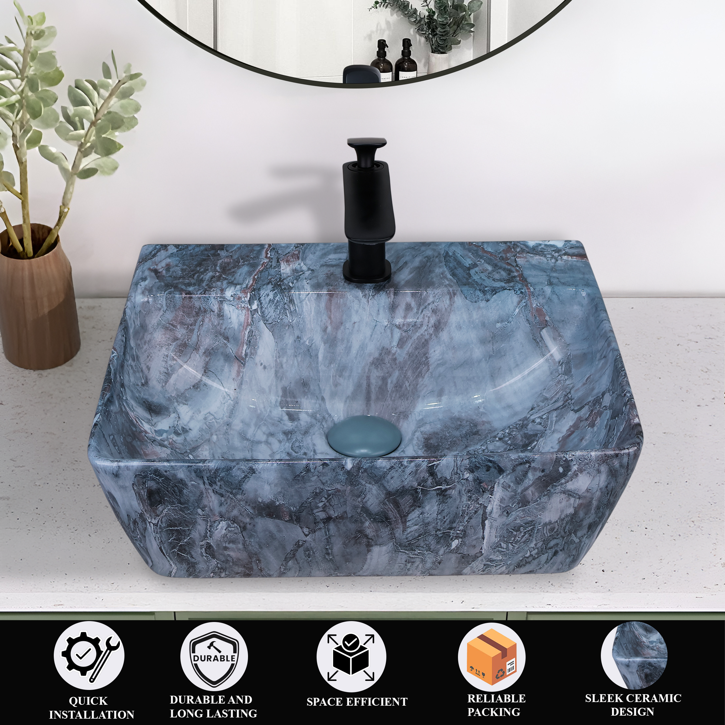 Germa Designer Wash Basin For Bathroom | Ceramic Table Top Wash Basin | Counter Top Wash Basin For Restaurants, Home Living Room |46x36x16cm| Rectangle Shape