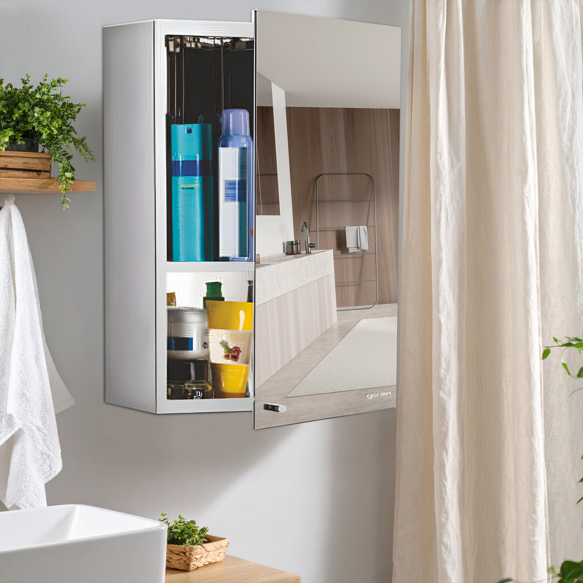 Germa Sanitarywares Premium 304 Grade Stainless Steel Bathroom Mirror Cabinet with Storage | Sleek Wall-Mounted Medicine Mirror Cabinet | Shelf with Mirror | Bathroom Organiser Chrome (10x16 Inch) - TR SS 1011 (10x16inch)