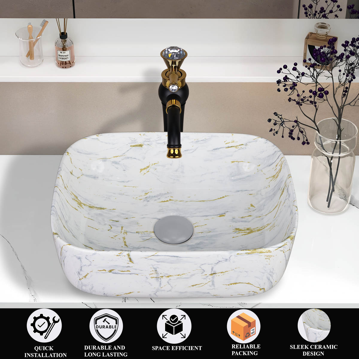 Designer Wash Basin For Bathroom | Ceramic Table Top Wash Basin | Counter Top Wash Basin For Restaurants, Home Living Room |41x31x14cm| Rectangle Shape