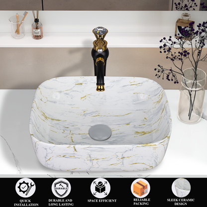 Designer Wash Basin For Bathroom | Ceramic Table Top Wash Basin | Counter Top Wash Basin For Restaurants, Home Living Room |41x31x14cm| Rectangle Shape
