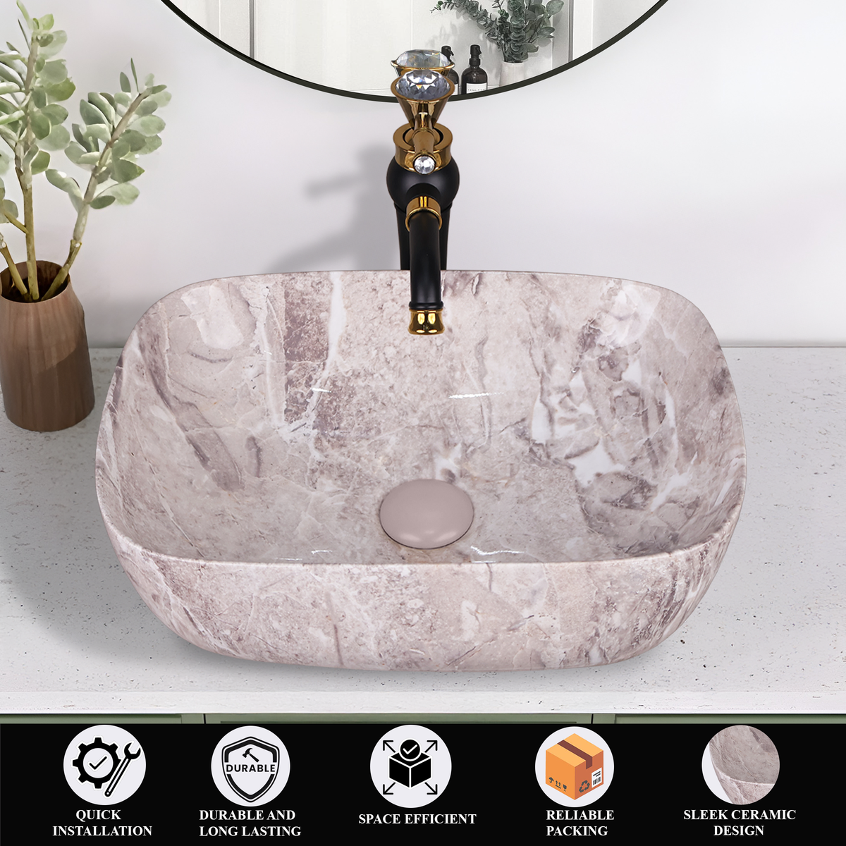 Germa Designer Wash Basin For Bathroom |Ceramic Table Top Wash Basin| Counter Top Basin For Restaurants,Living Room |45.5x32x14cm|Rectangle Shape