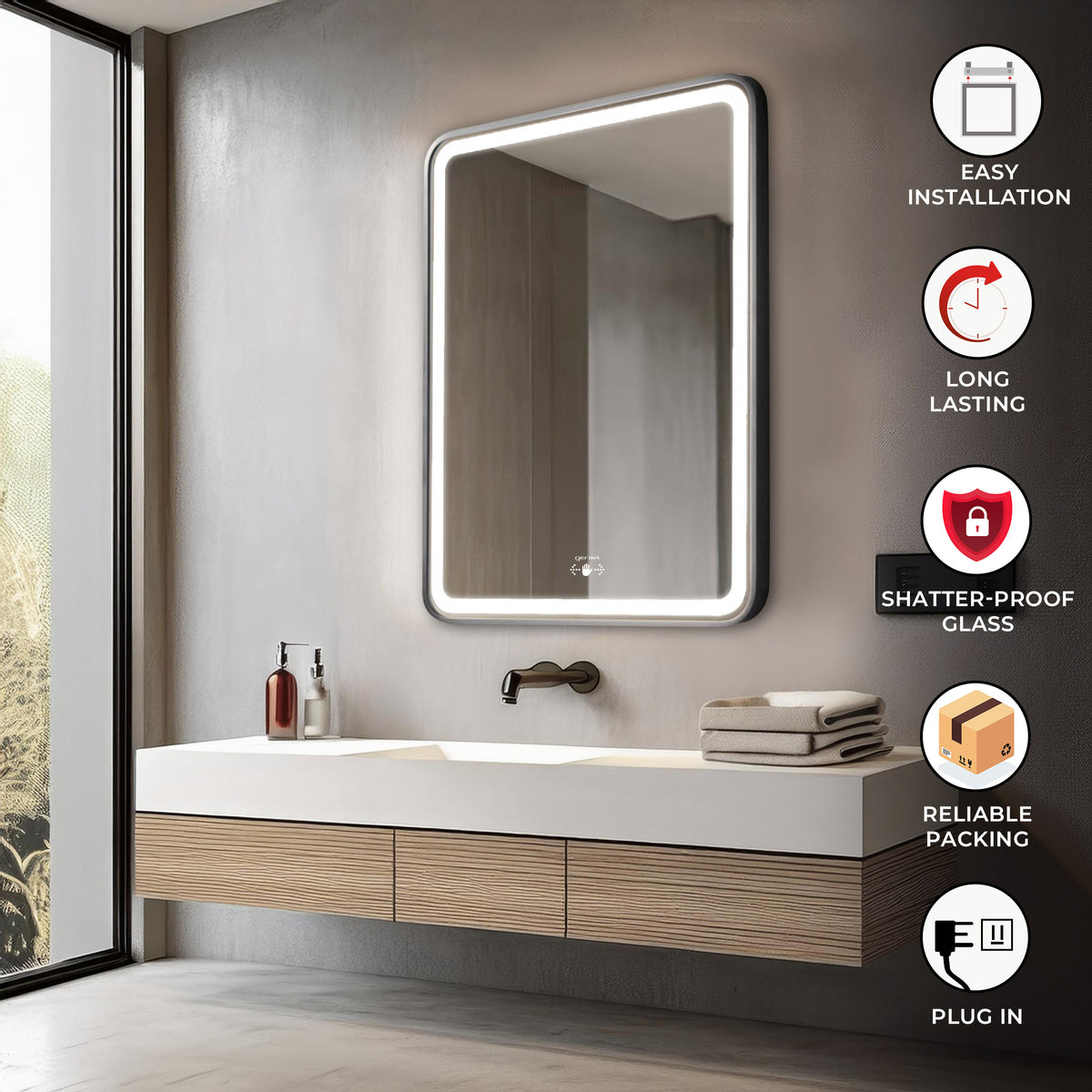Led Mirror with Aluminum Black Frame - TR LED 143 -Black Smart Wave Switch (60x60cm) Rectangle Shape