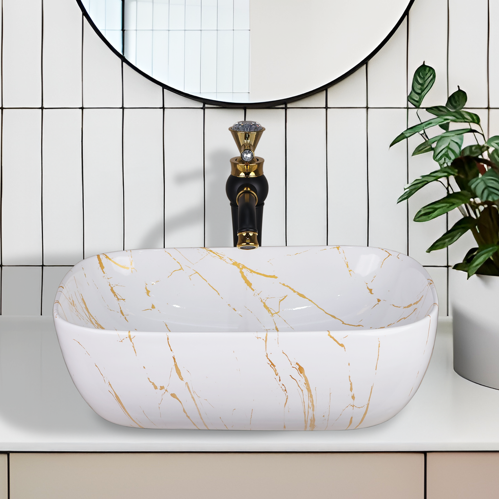 Germa Designer Wash Basin For Bathroom |Ceramic Table Top Wash Basin| Counter Top Basin For Restaurants,Living Room |45.5x32x14cm|Rectangle Shape