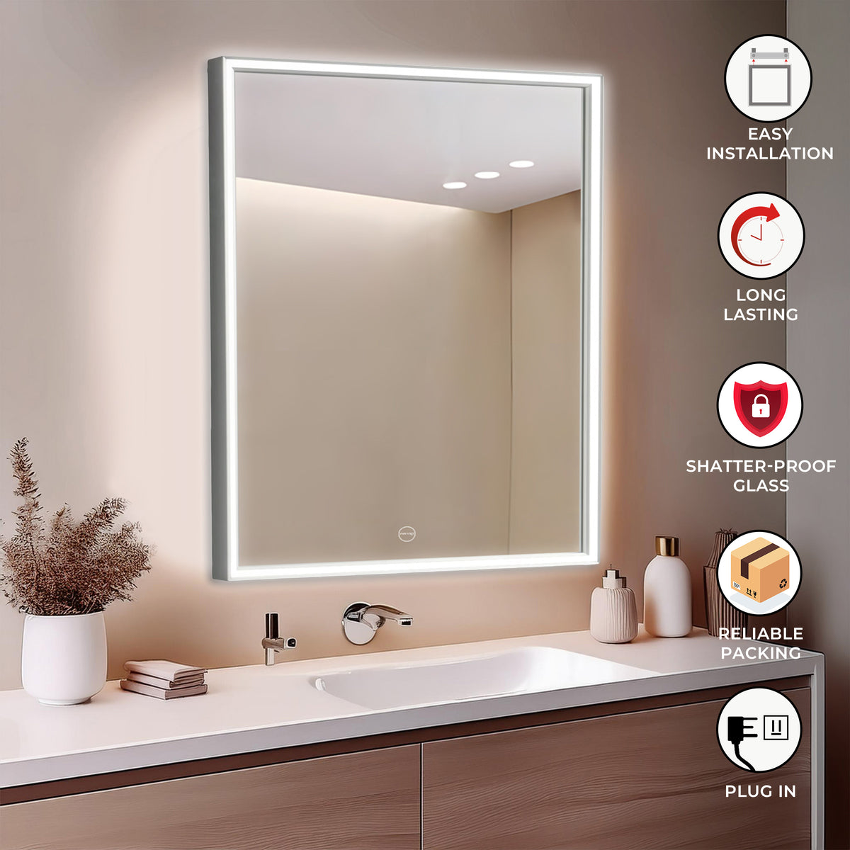 Led Mirror with Smart Touch Switch - TR LED 162 CENTRE FRAMED WHITE Aluminum Frame Rectangle Shape (80x60cm)
