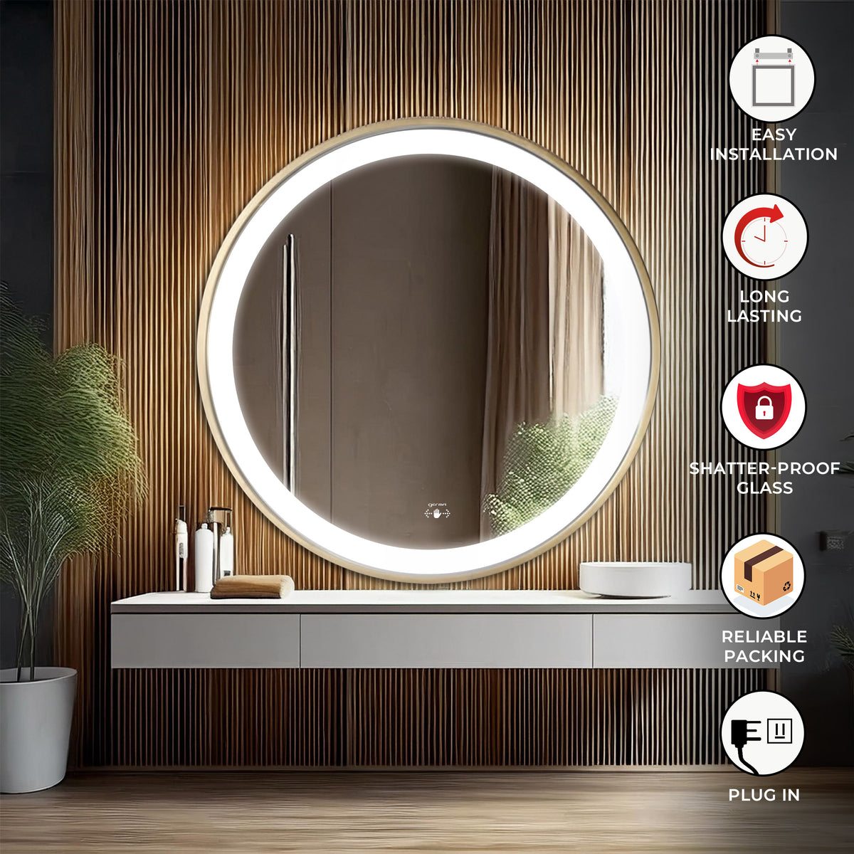 Led Mirror with Aluminum Gold Frame - TR LED 141 Gold Smart Wave Switch (60x60cm) Round Shape