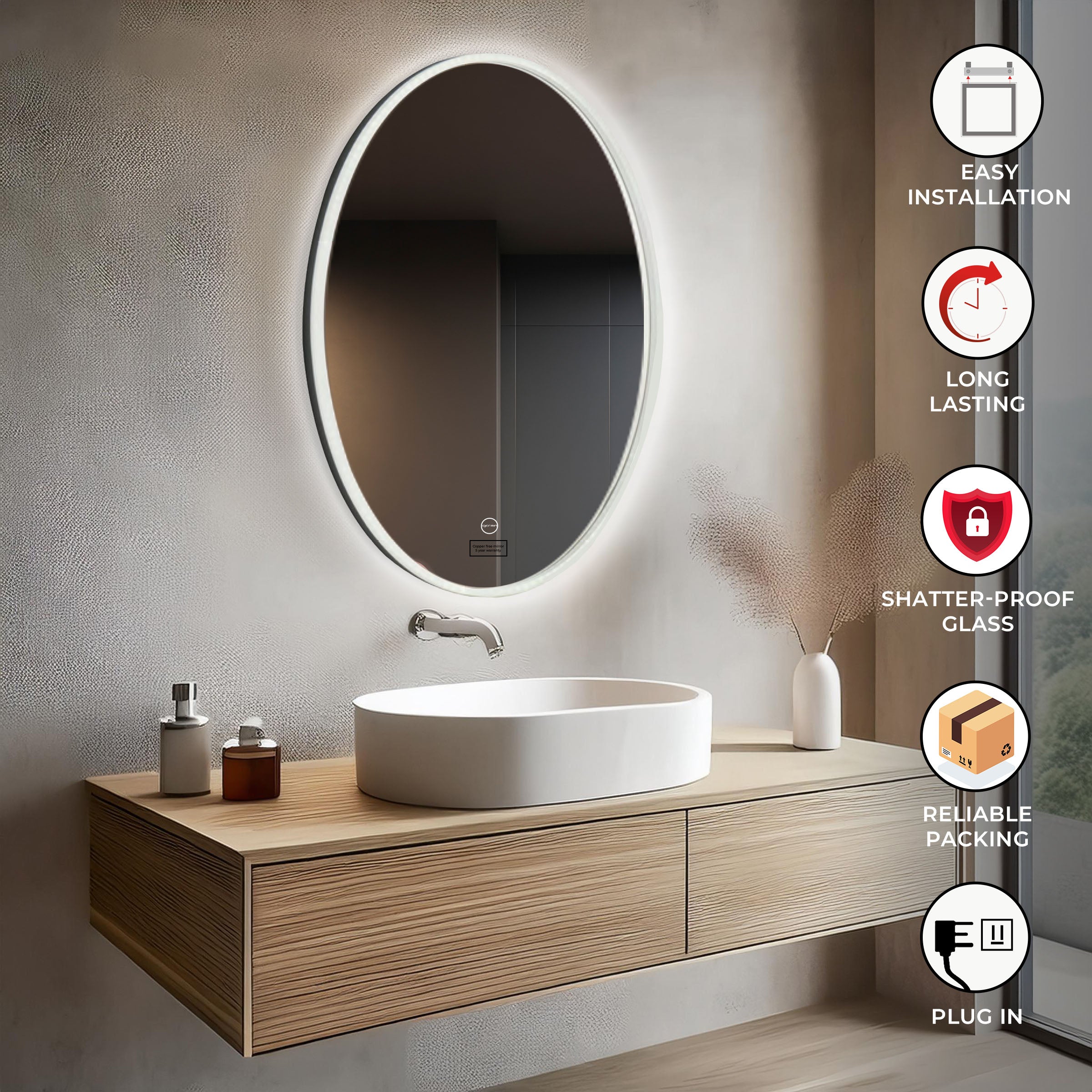 Led Mirror with Acrylic Frame - Smart Touch Switch (80x60cm) Oval Shape - TR ACR LED 154