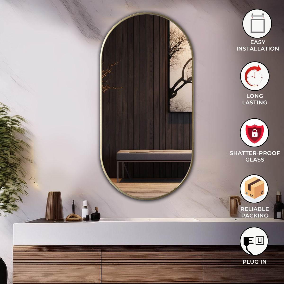 Aluminum Frame Mirror - Capsule Shape 90cm x 45cm - TR 138