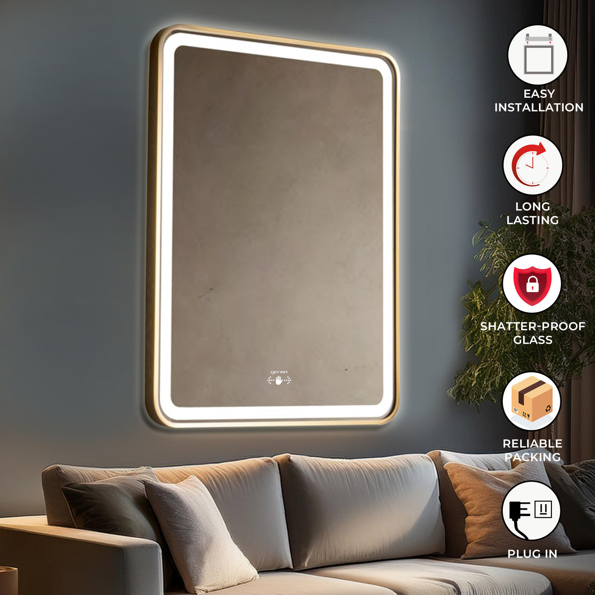 Led Mirror with Aluminum Gold Frame - TR LED 143 -Gold Smart Wave Switch (80x60cm) Rectangle Shape