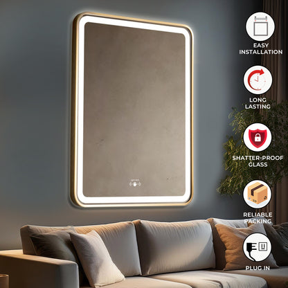 Led Mirror with Aluminum Gold Frame - TR LED 143 -Gold Smart Wave Switch (80x60cm) Rectangle Shape