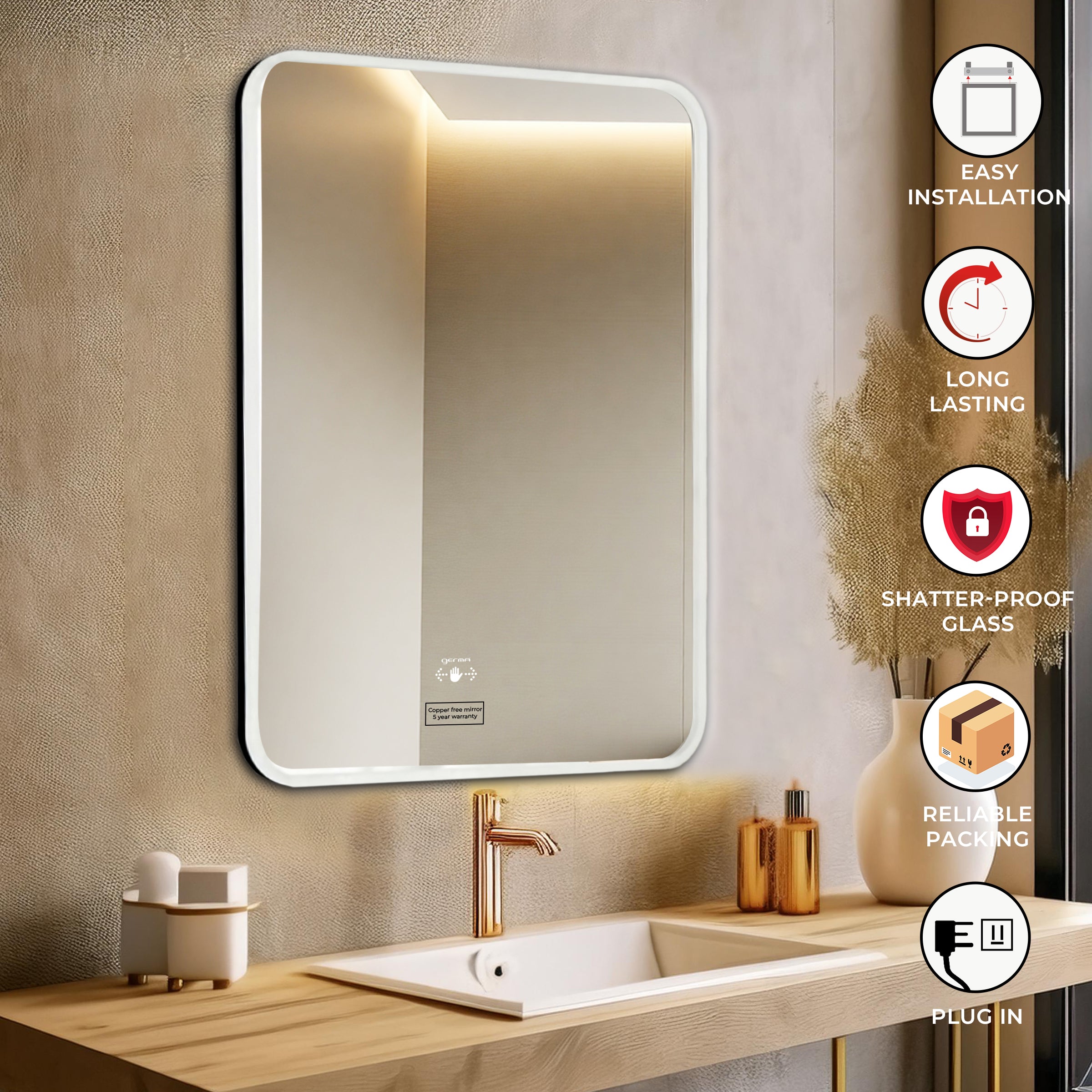 Germa LED Mirror for Bathroom with 3Lights Color Tone and Touch Sensor/Designer Mirror for Dressing,Living & Bed Room/Dimmable and Memory Function Wall Mirror–Round Shape (24x24Inch) - TR LED 7551