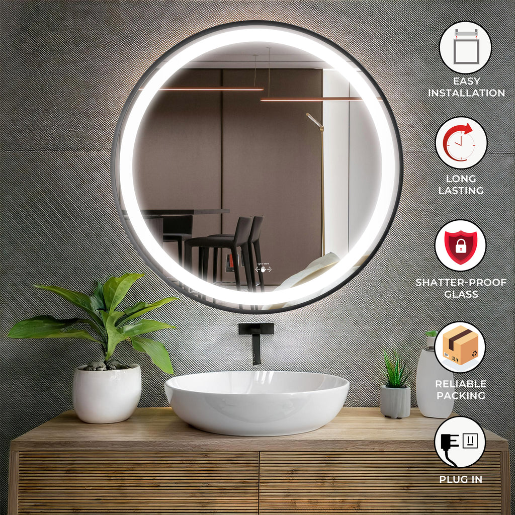 Led Mirror with Aluminum Black Frame - TR LED 141 Black Wave Sensor Smart Wave Switch (60x60cm) Round Shape