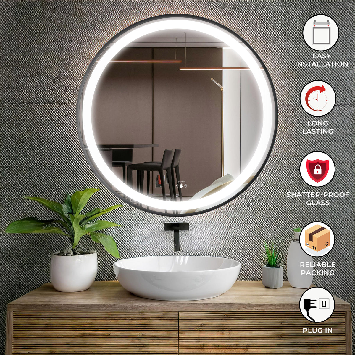Led Mirror with Aluminum Black Frame - TR LED 141 Black Wave Sensor Smart Wave Switch (60x60cm) Round Shape