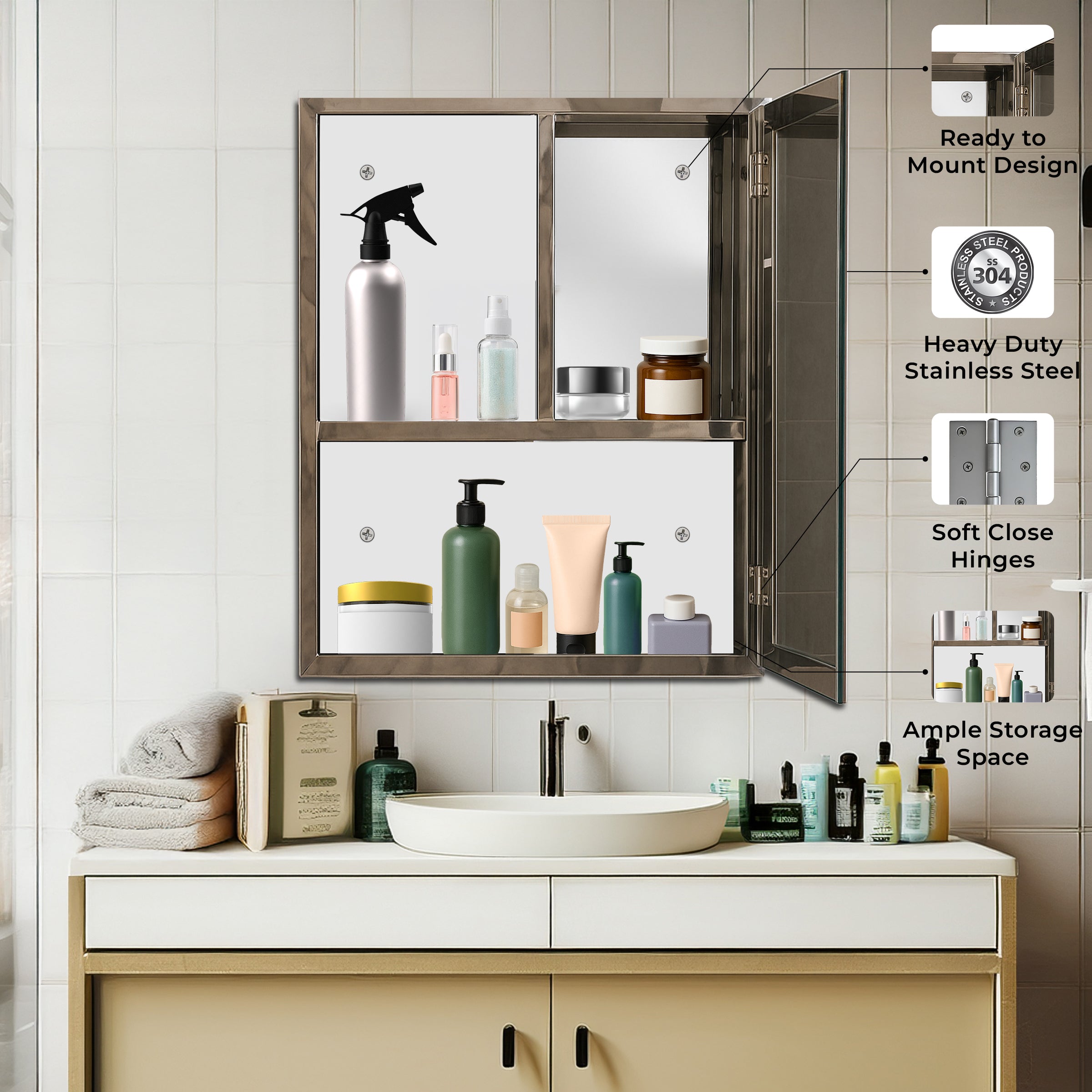 Germa Sanitarywares Premium 304 Grade Stainless Steel Bathroom Mirror Cabinet with Storage | Sleek Wall-Mounted Medicine Mirror Cabinet | Shelf with Mirror | Bathroom Organiser Chrome (10x16 Inch)