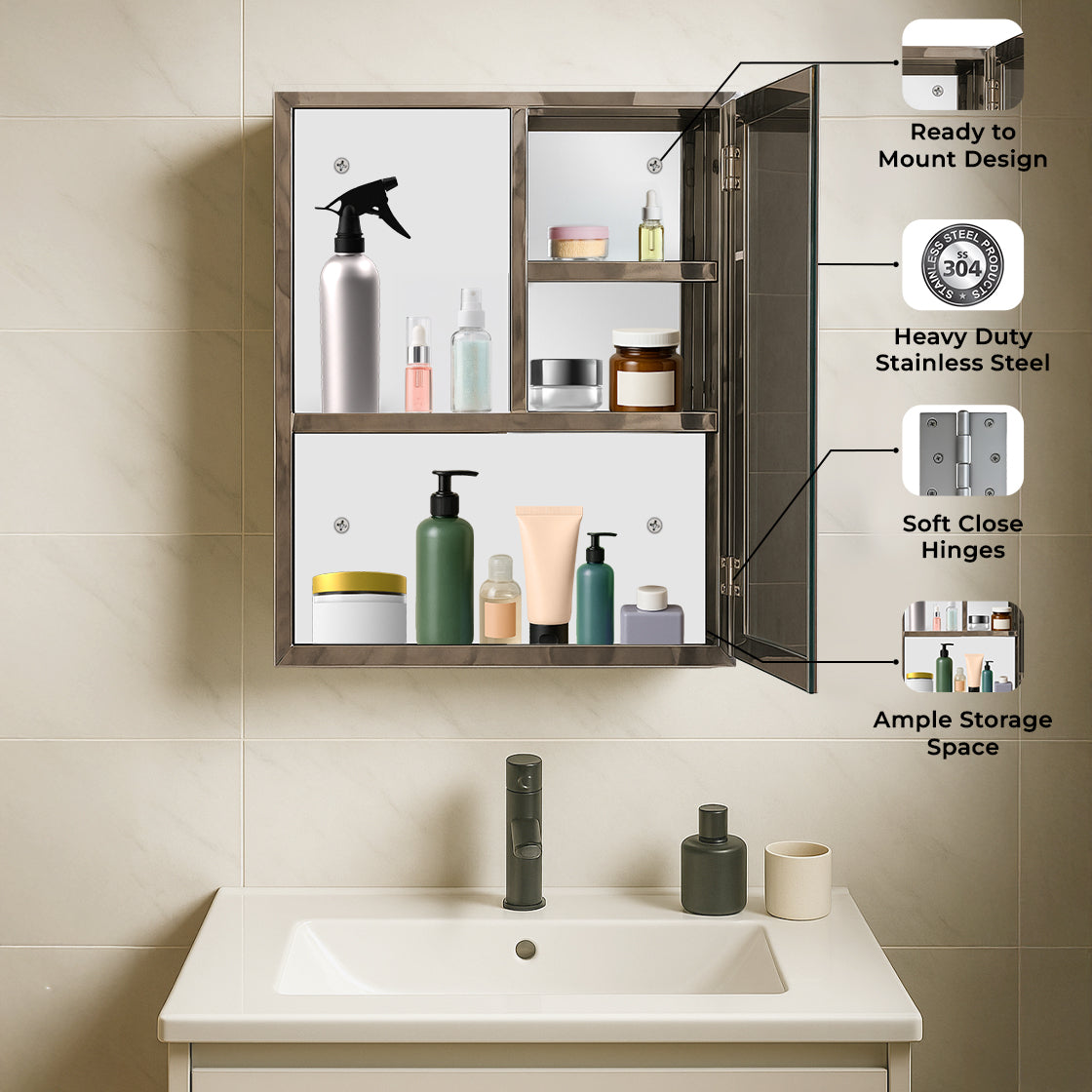 Germa Sanitarywares Premium 304 Grade Stainless Steel Bathroom Mirror Cabinet with Storage | Sleek Wall-Mounted Medicine Mirror Cabinet | Shelf with Mirror | Bathroom Organiser Chrome (14x20inch)