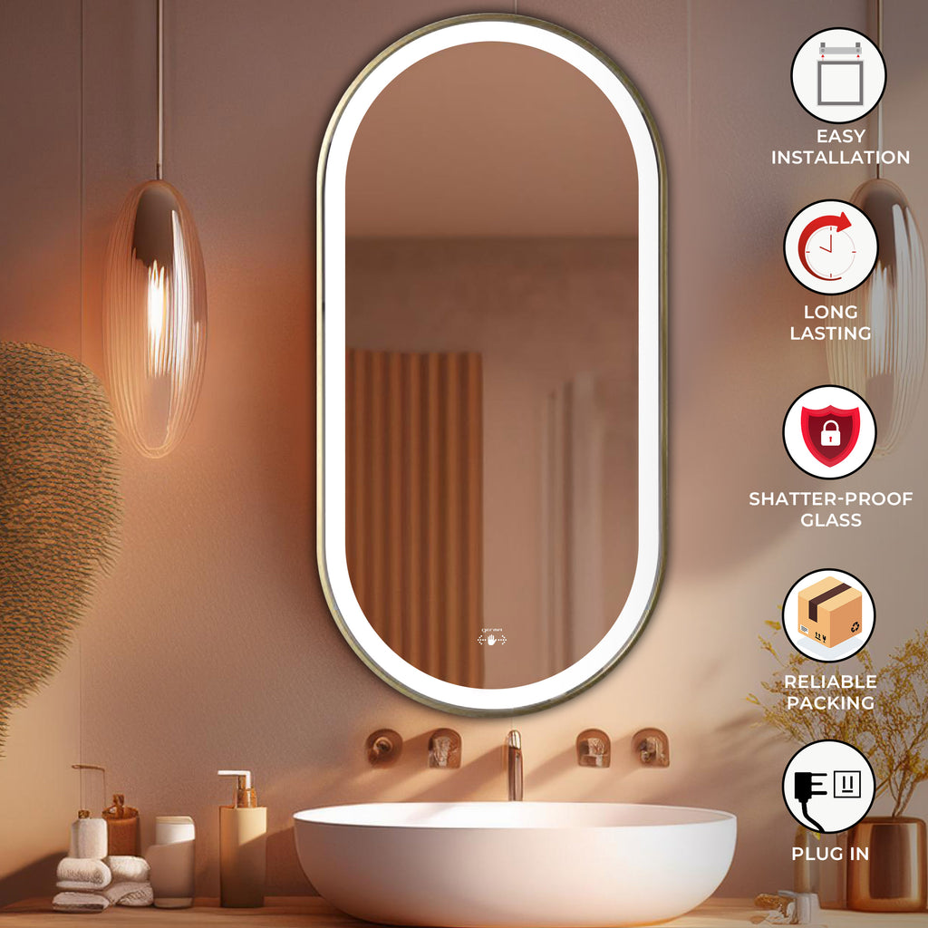 Aluminum Frame Led Mirror 3Light Dimmer with Wave Sensor - Capsule Shape 90cm x 45cm - TR LED 148