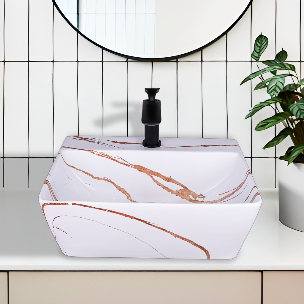 Germa Designer Wash Basin For Bathroom | Ceramic Table Top Wash Basin | Counter Top Wash Basin For Restaurants, Home Living Room |46x36x16cm| Rectangle Shape