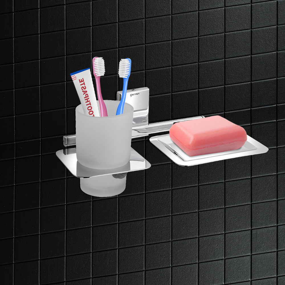 Germa Sanitarywares 304 Stainless Steel Soap Dish with Tumbler Holder for Bathroom | 2 in 1 Soap Holder with Tumbler Holder | Soap Dish | Tumbler Holder | Bathroom Accessories (Chrome) - TR 9110 Soap Dish + Tumbler Holder