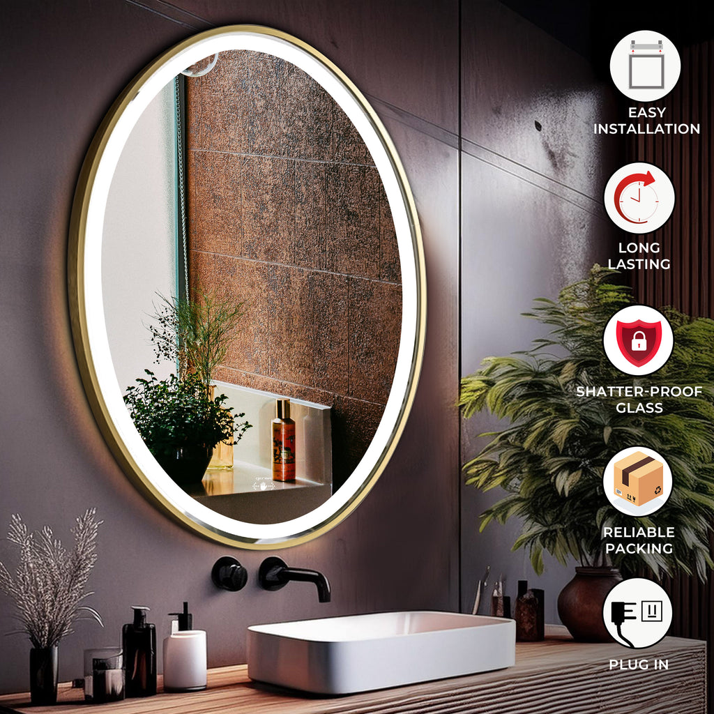 Led Mirror with Aluminum Gold Frame - TR LED 144 Gold Smart Wave Switch (70x50cm) Oval Shape
