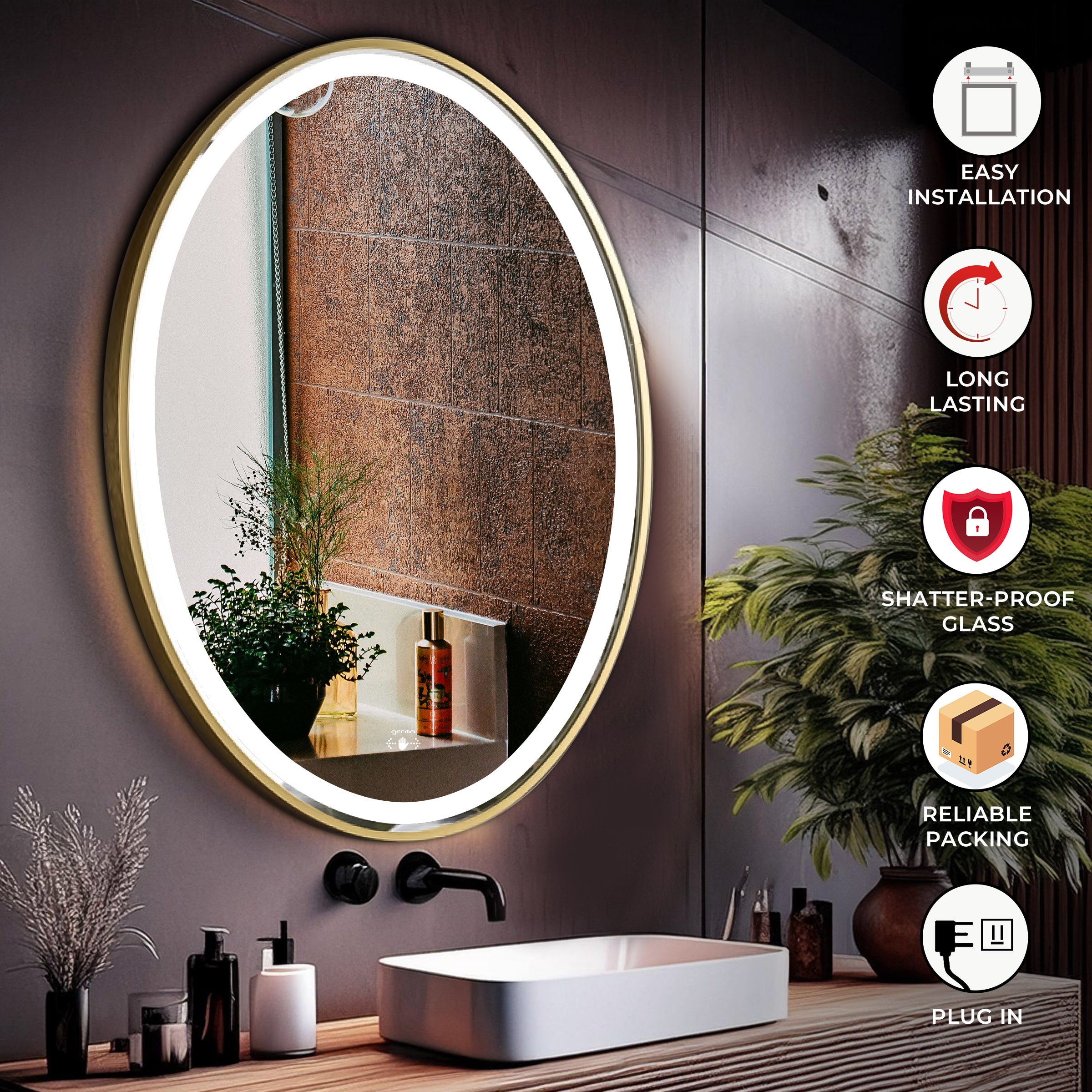 Led Mirror with Aluminum Gold Frame - TR LED 144 Gold Smart Wave Switch (70x50cm) Oval Shape