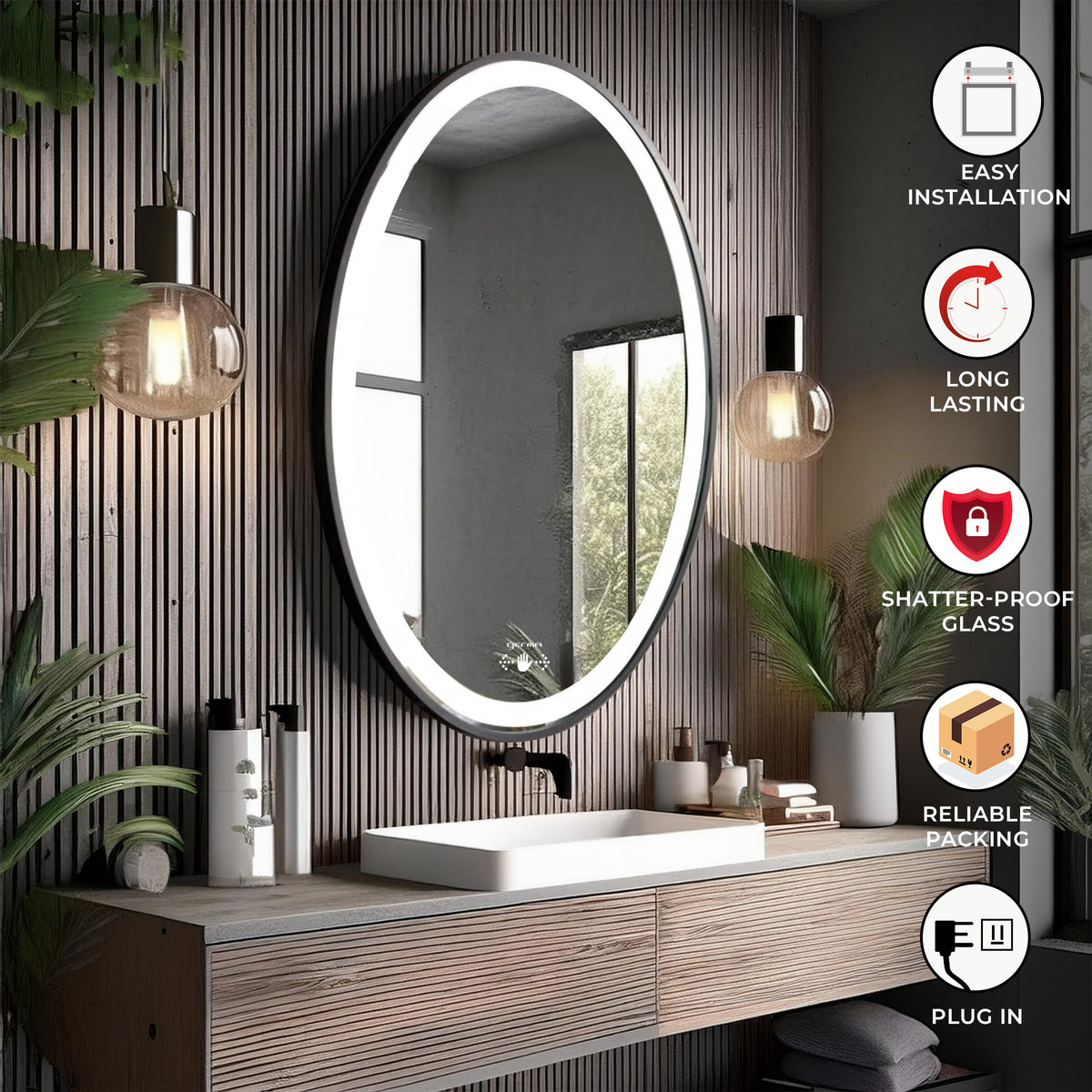 Led Mirror with Aluminum Black Frame - TR LED 144 Black Wave Sensor Smart Wave Switch (70x50cm) Oval Shape